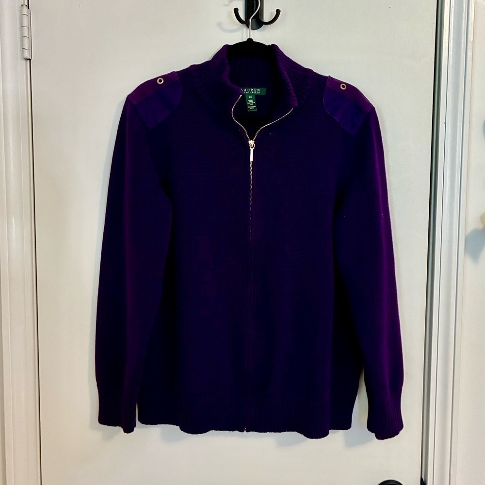 Lauren Ralph Lauren Sweater Military Women's XL Purple 100% Cotton Full Zip